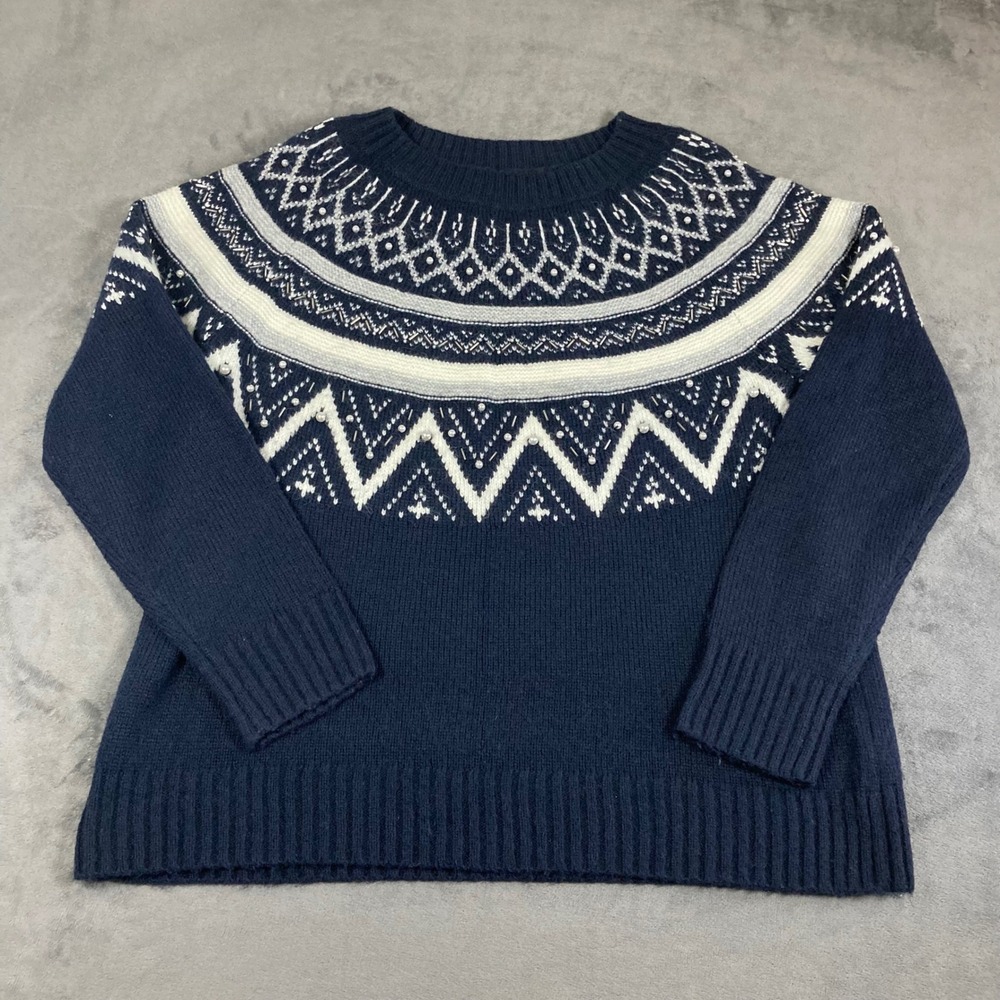 Talbots Navy Blue Fair Isle Pearl Embellished Wool Blend Sweater Womens Large